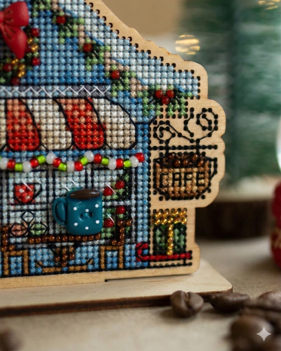 Cozy Crosses Christmas Cafe H004 Counted Cross Stitch Kit, Coffee House on Wood