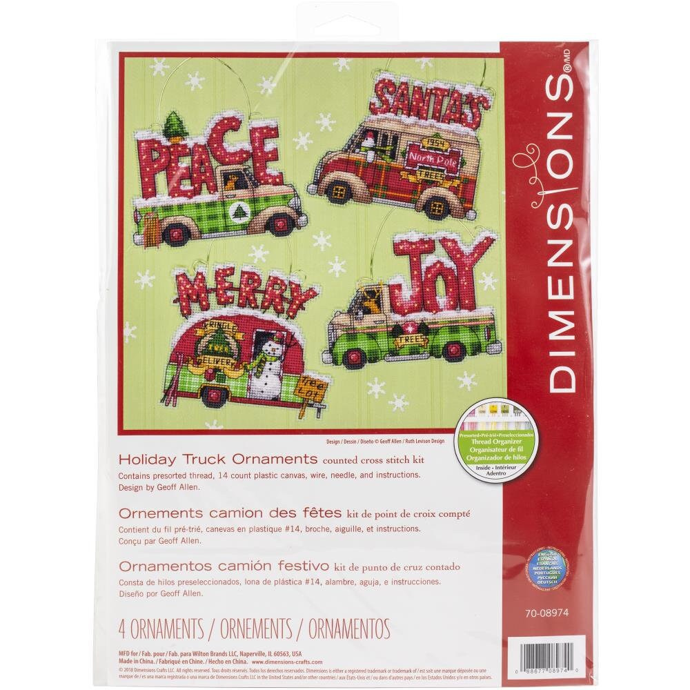 Dimensions Cross Stitch Kit Holiday Truck Ornament 5"X4" Set Of 4, 70-08974