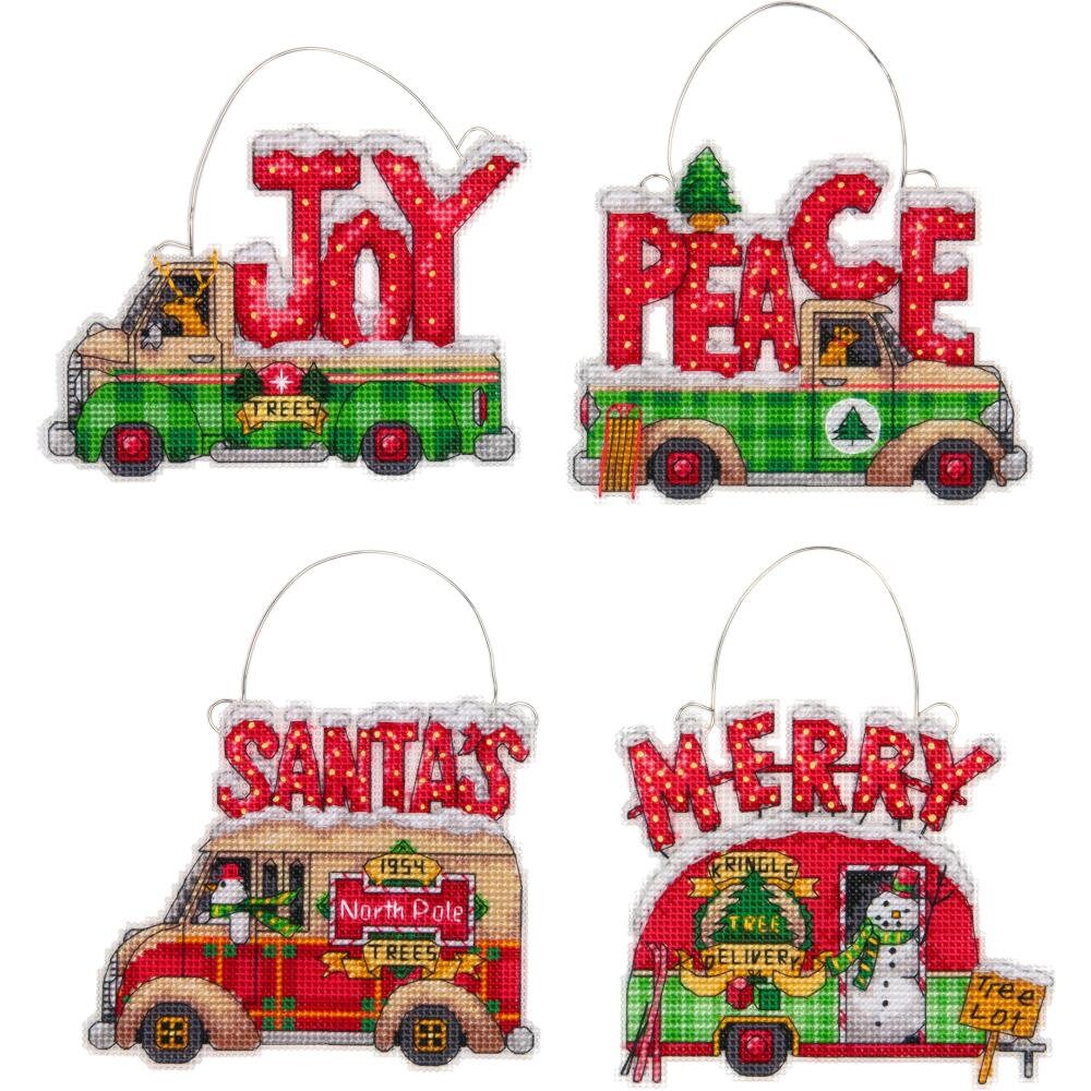 Dimensions Cross Stitch Kit Holiday Truck Ornament 5"X4" Set Of 4, 70-08974