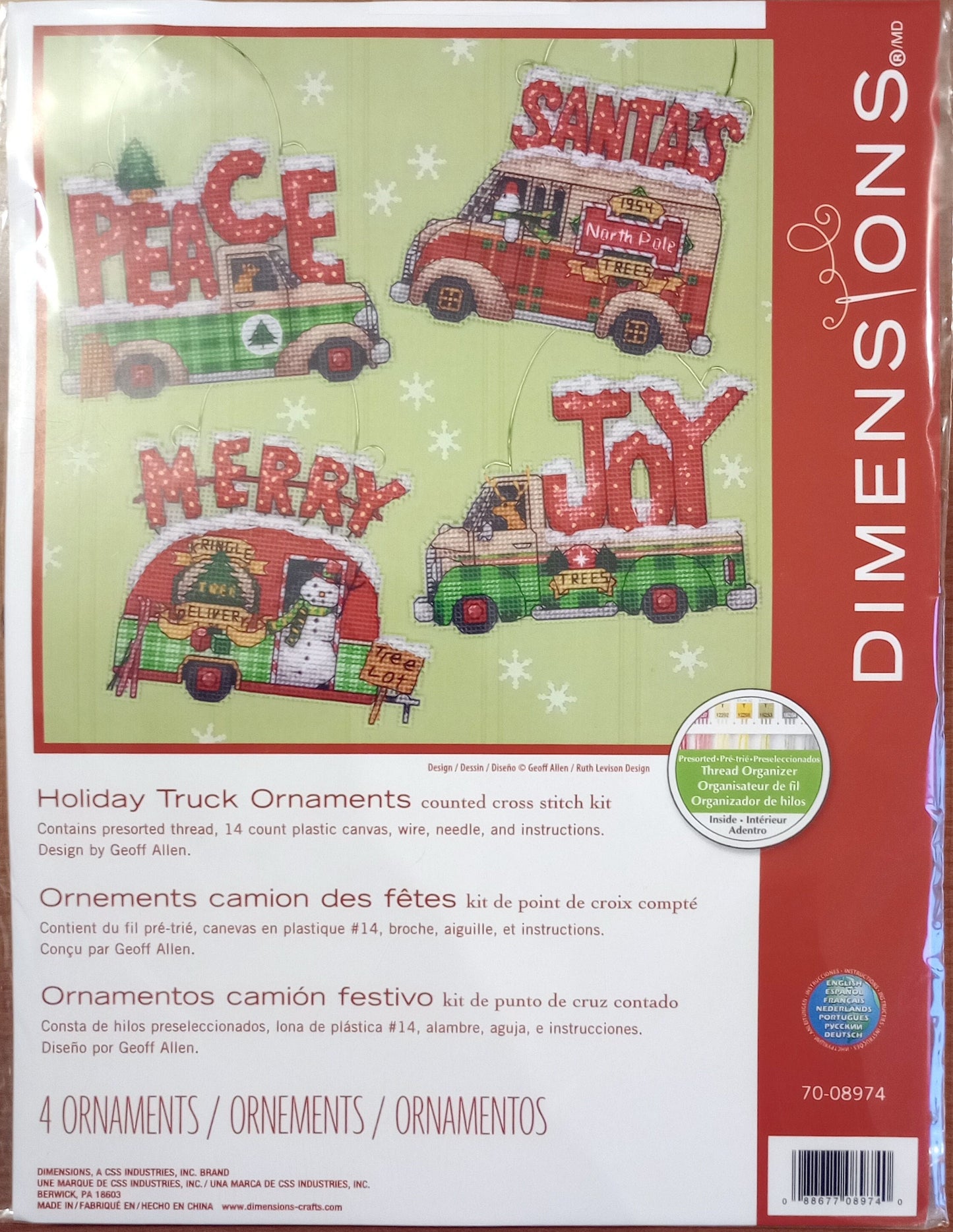 Dimensions Cross Stitch Kit Holiday Truck Ornament 5"X4" Set Of 4, 70-08974