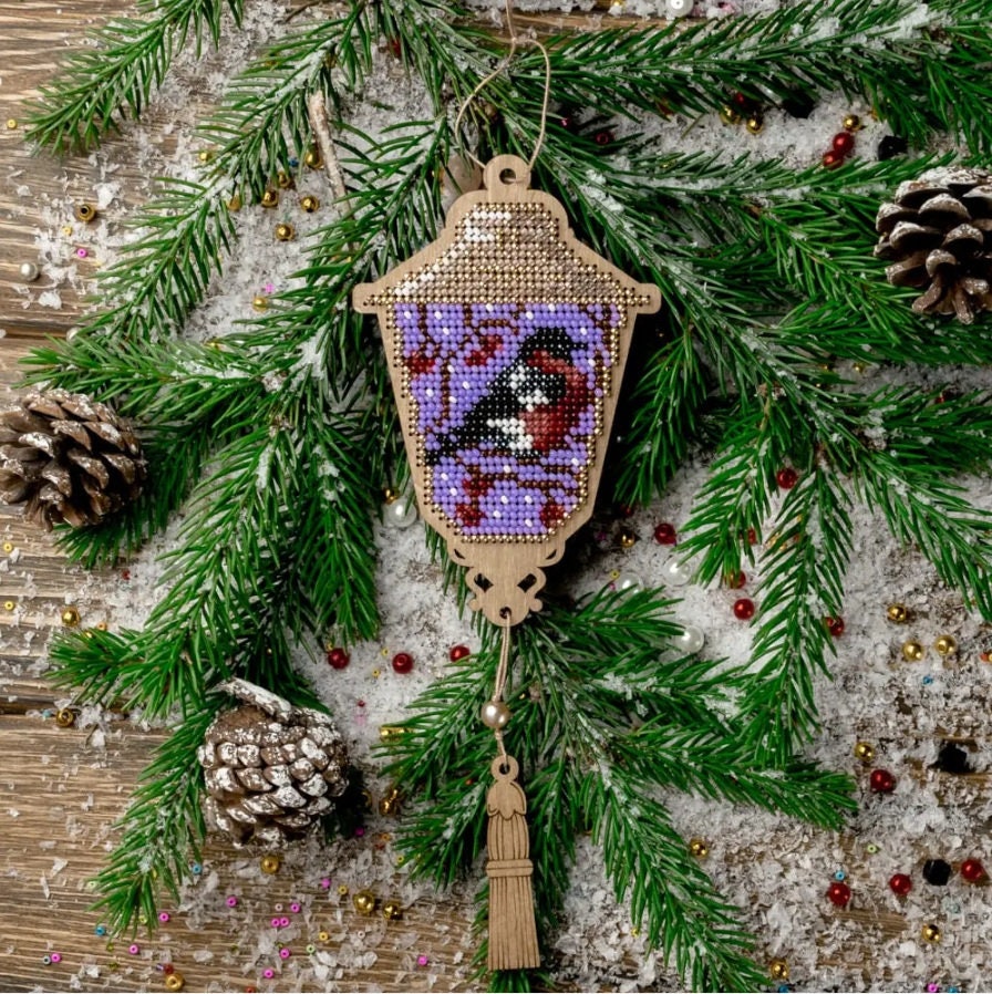 Bead Embroidery Kit: Lantern with Bird on Wood (DIY)