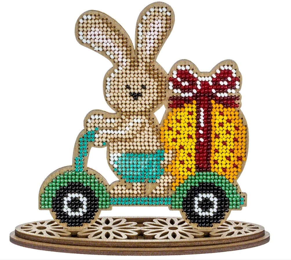 Bead Embroidery Kit: Easter Rabbit on Scooter, DIY Craft (4.3x5.1")