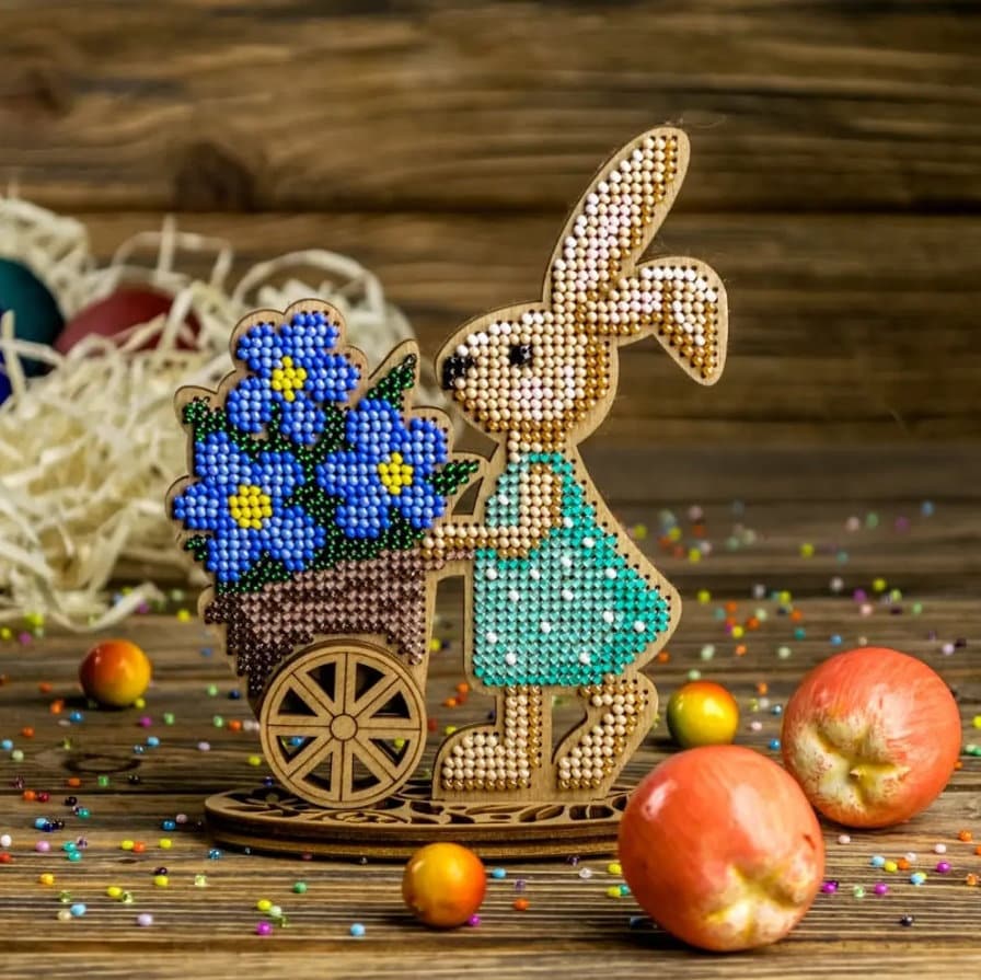 Bead Embroidery Kit: Easter Rabbit with Flower Cart DIY Craft on plywood base