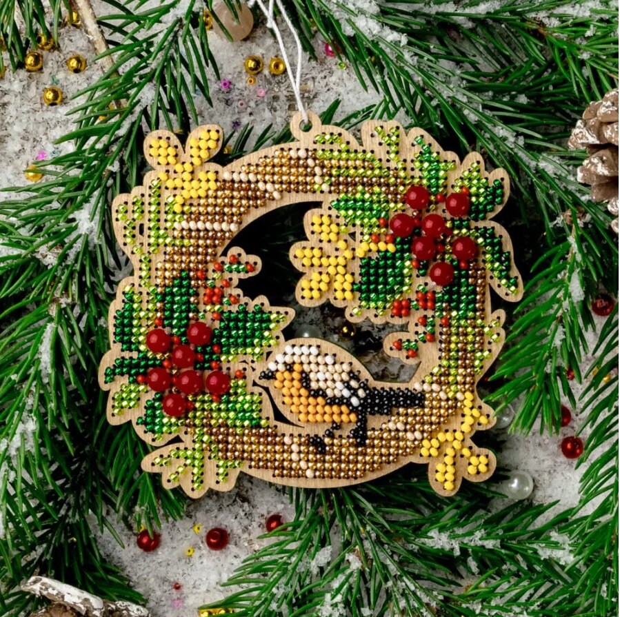 Bead Embroidery Kit: Wood Wreath with Bird, DIY Craft (4.1x3.9")