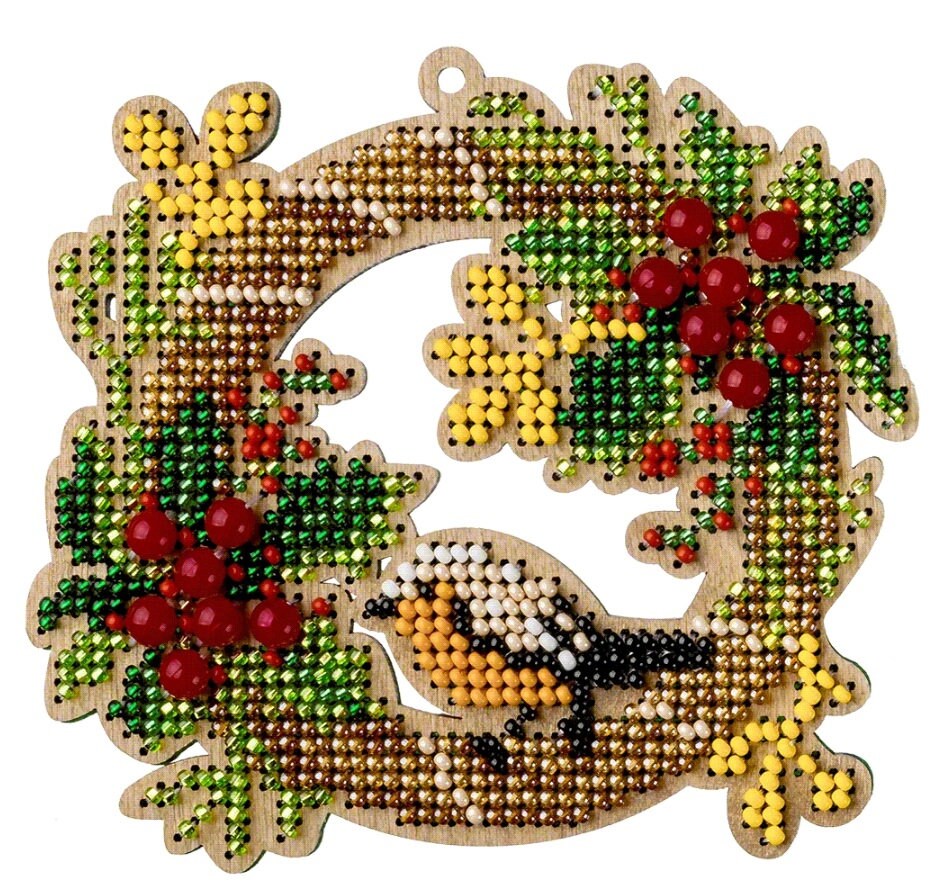 Bead Embroidery Kit: Wood Wreath with Bird, DIY Craft (4.1x3.9")