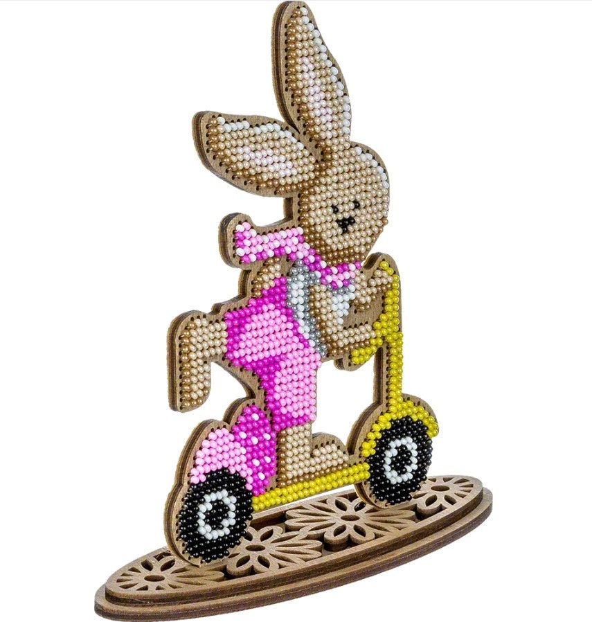 Bead Embroidery Kit: Easter Bunny on Scooter DIY Craft (3.7x5.9")