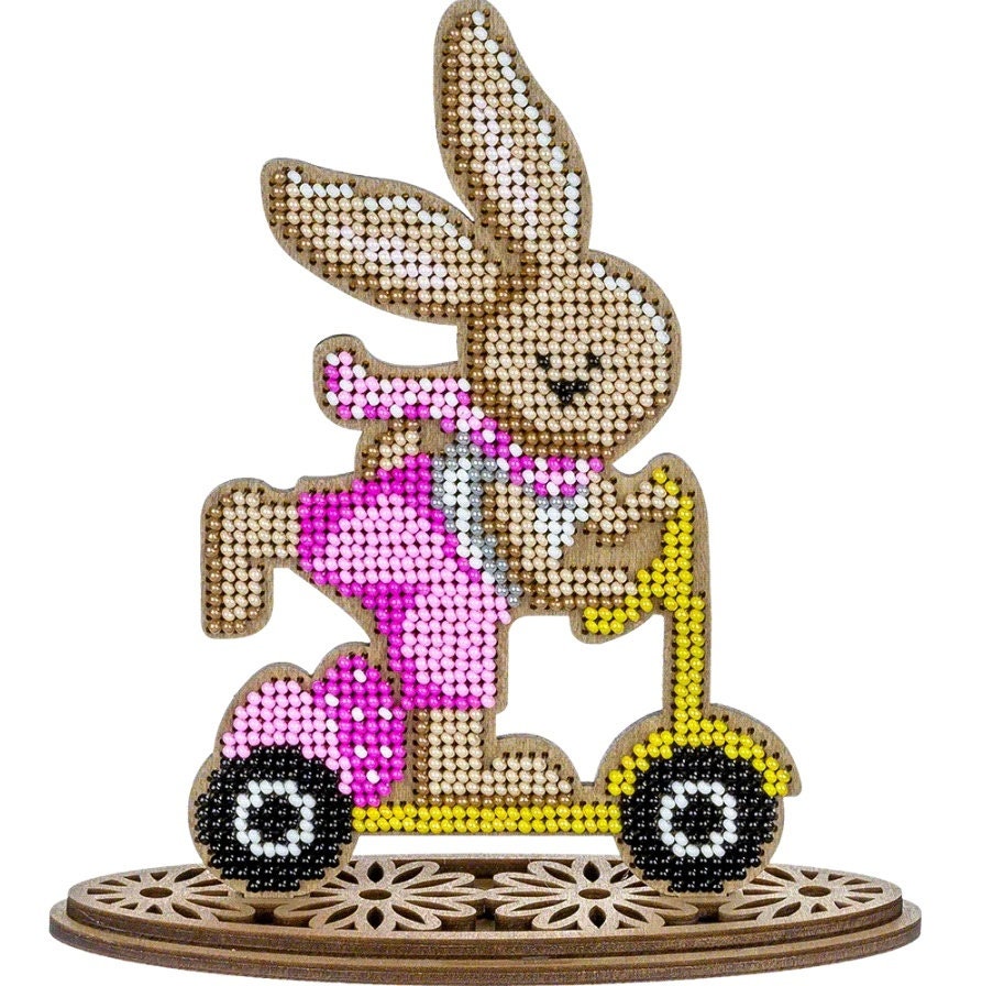 Bead Embroidery Kit: Easter Bunny on Scooter DIY Craft (3.7x5.9")