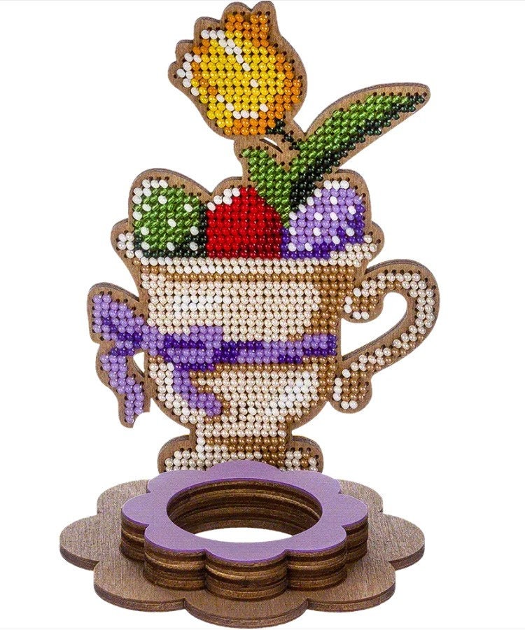 Bead Embroidery Kit Easter Decoration Egg Holder with Flowers, LK-330. Fast DIY Kit ( beads , thread, needle, plywood base included)