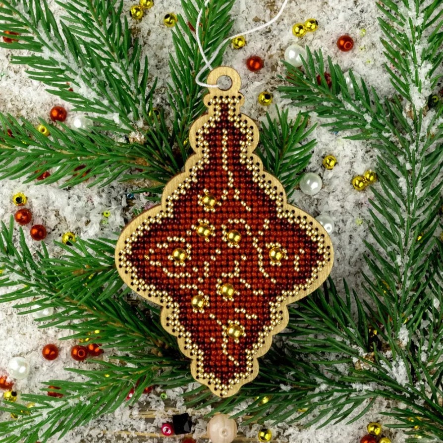 Bead Embroidery Kit on Wood, ornament, LK-446 ( beads , thread, needle, plywood base included)