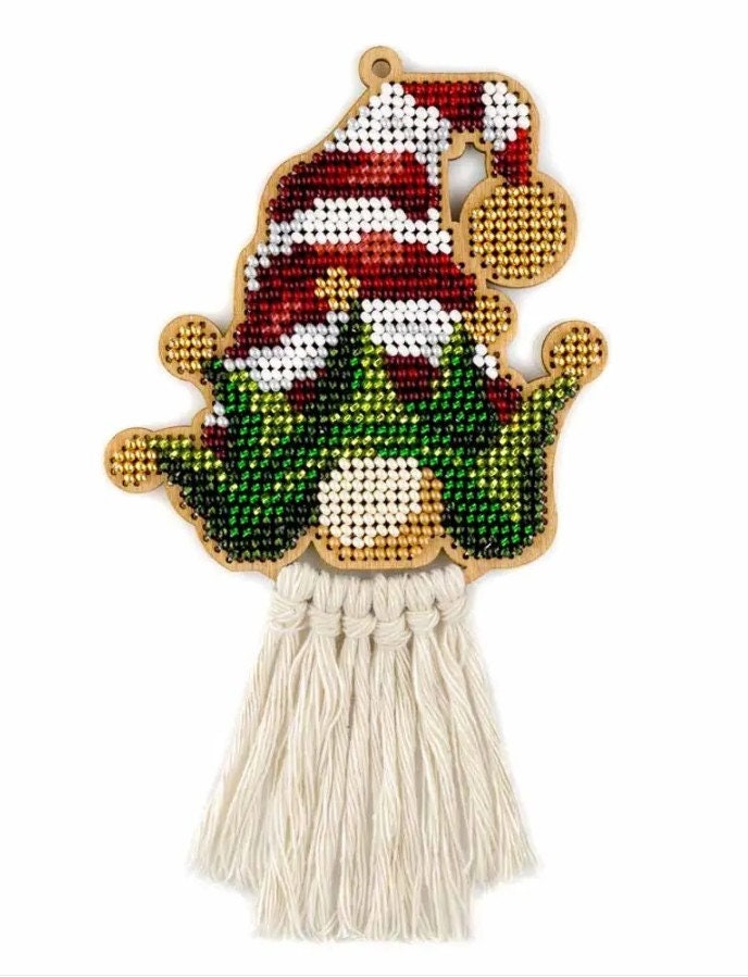 Gnome Bead Embroidery Kit on Plywood: DIY Craft (3.5"x4")
