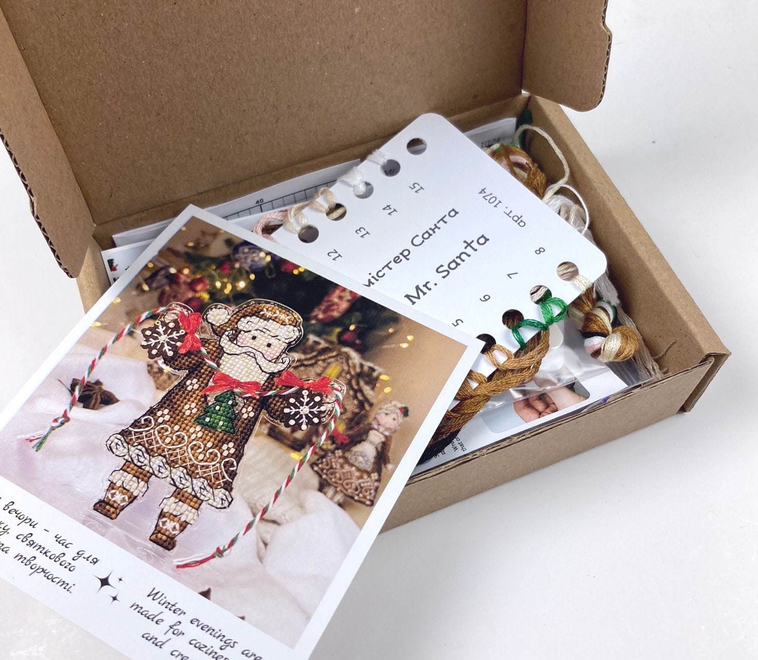 Cross Stitch Kit, Gingerbread Santa (Red Suit), threads, beads and decorative crystals