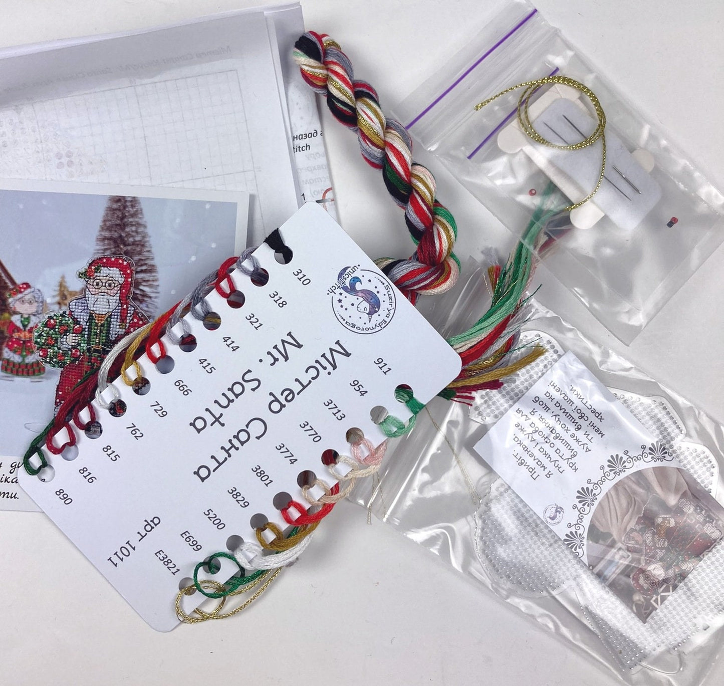 Unic Cross Stitch Kit, Mr.Santa, set with threads, beads and decorative crystals.