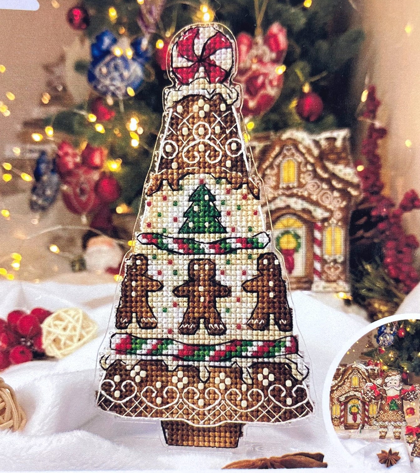 Gingerbread Tree Cross Stitch Kit, set with threads, beads and decorative crystals.