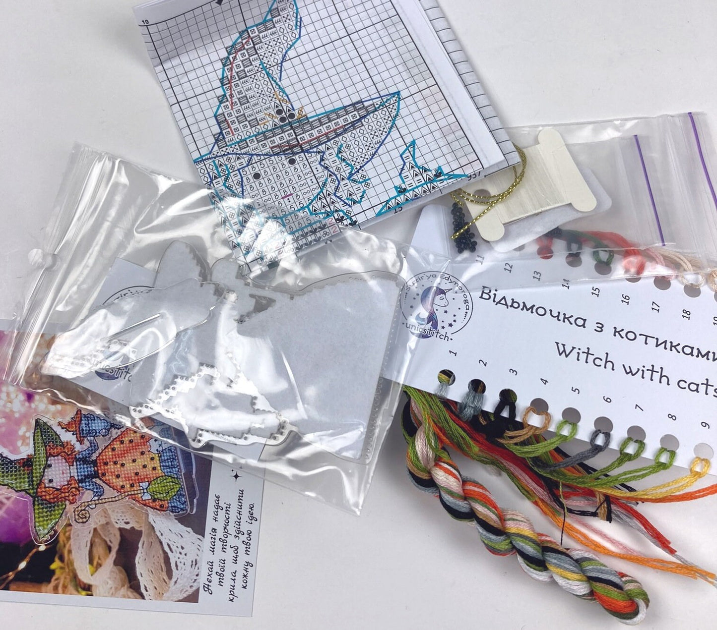 Cross Stitch Kit, Witches with a cats, with threads and beads on flexible plastic base.