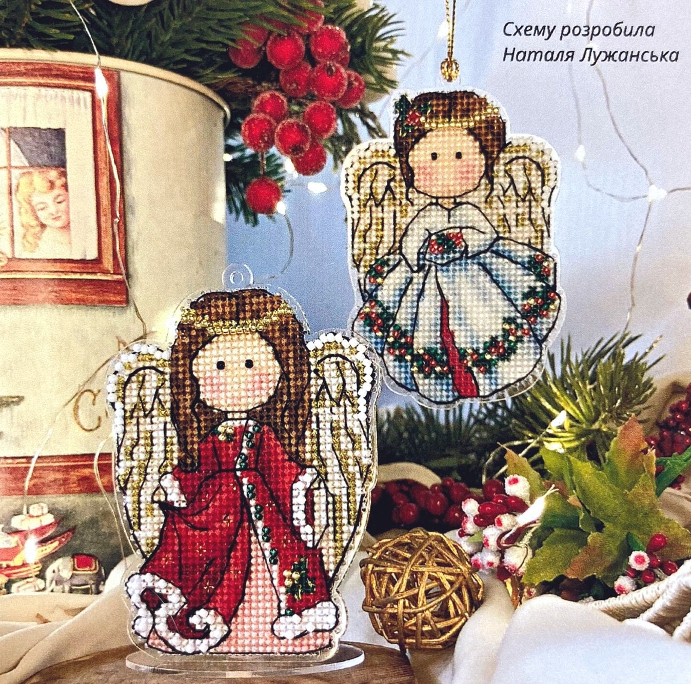 Unic Cross Stitch, Christmas Angels White and Red, set with threads, beads and decorative crystals.