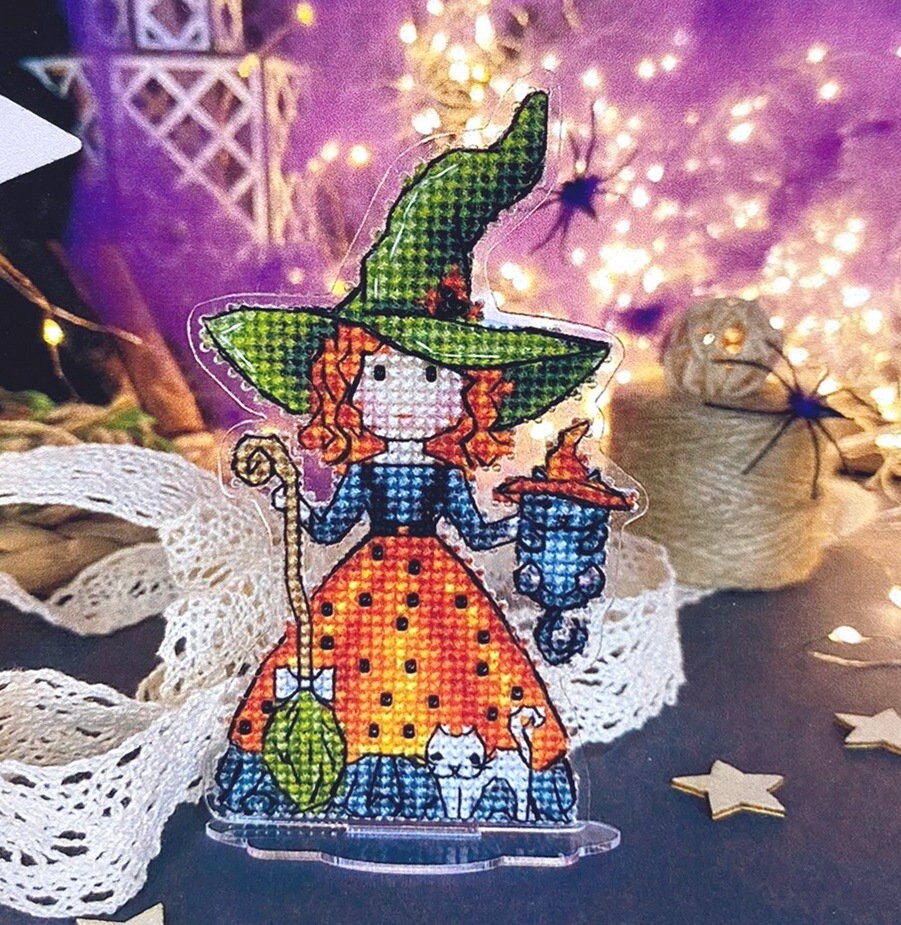 Cross Stitch Kit, Witches with a cats, with threads and beads on flexible plastic base.