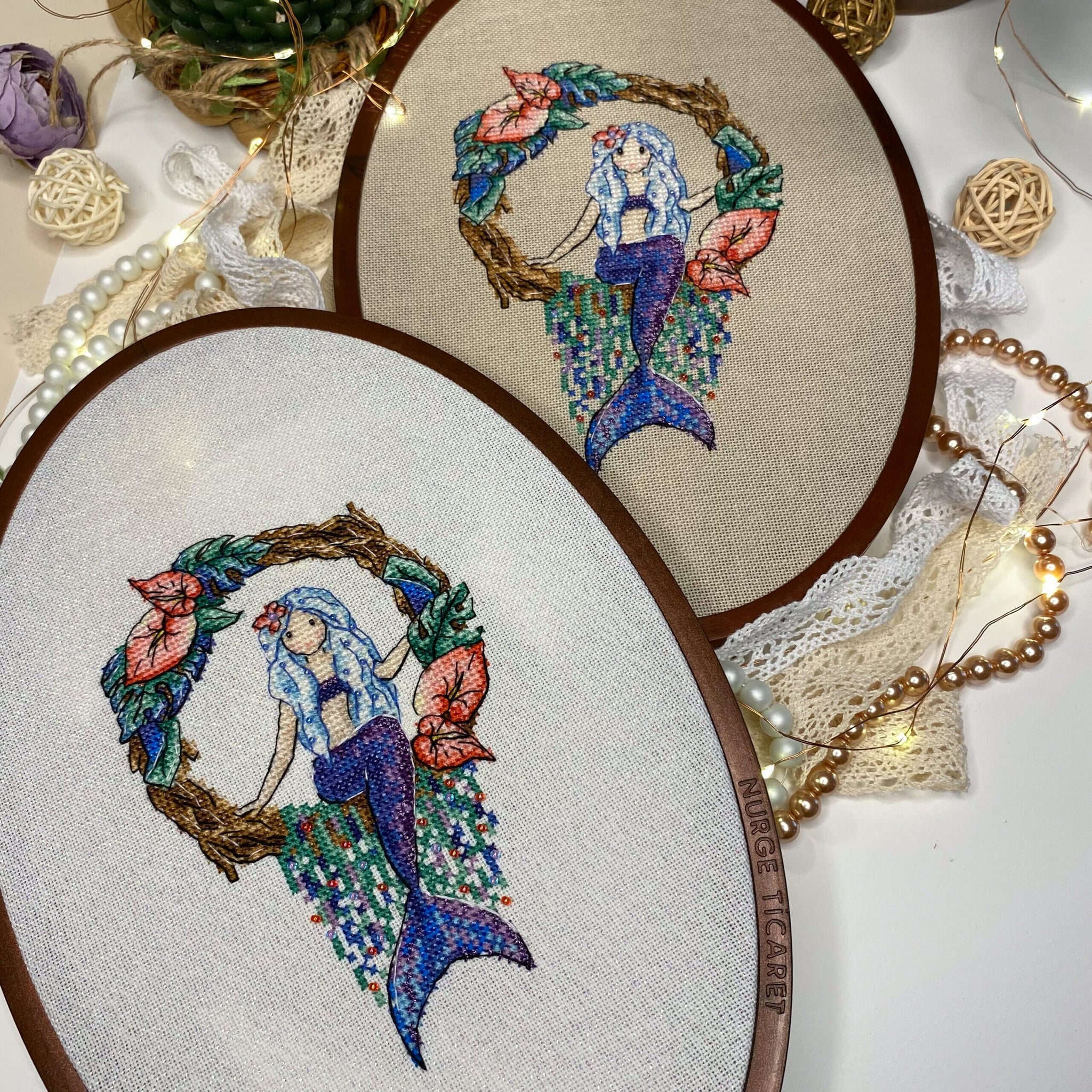 Mermaid Cross Stitch Kit: Beads, evenweave fabric