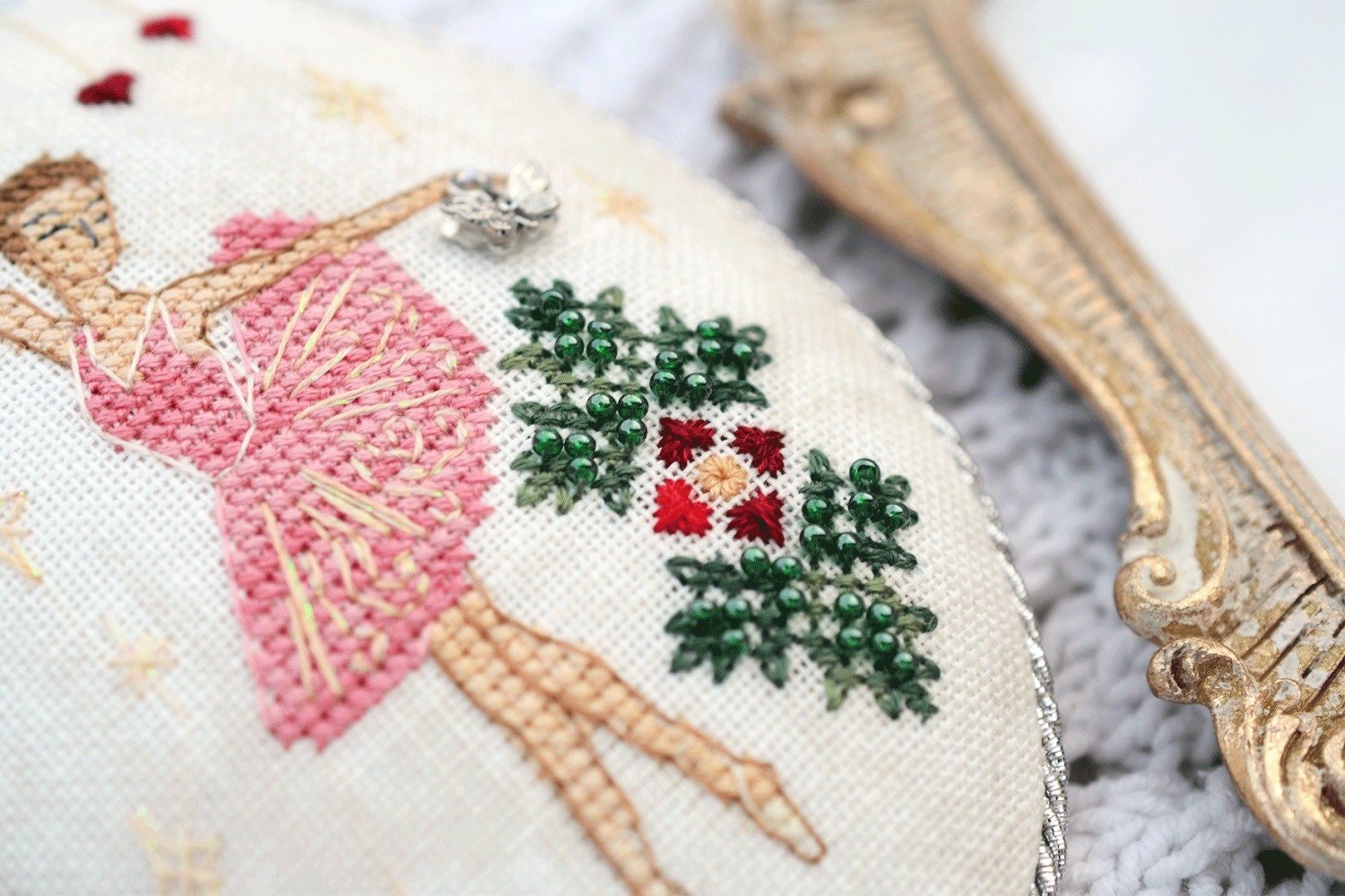 Ballerina Cross Stitch Kit: Vintage Christmas Ornament,Hand-Dyed Threads, linen