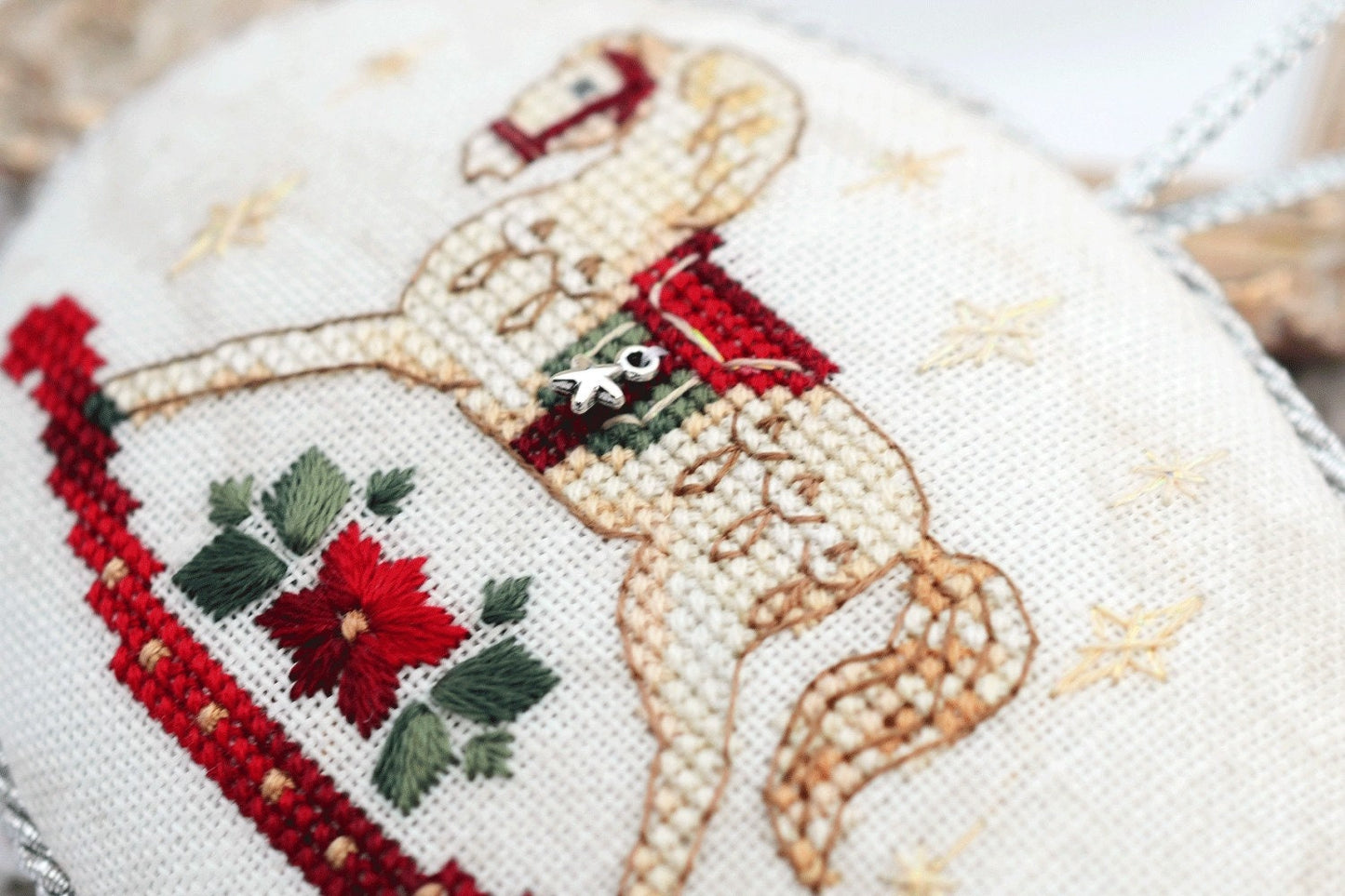 Cross Stitch Kit: Christmas Horse Ornament, Bead, Decorative Stitches, German Linen
