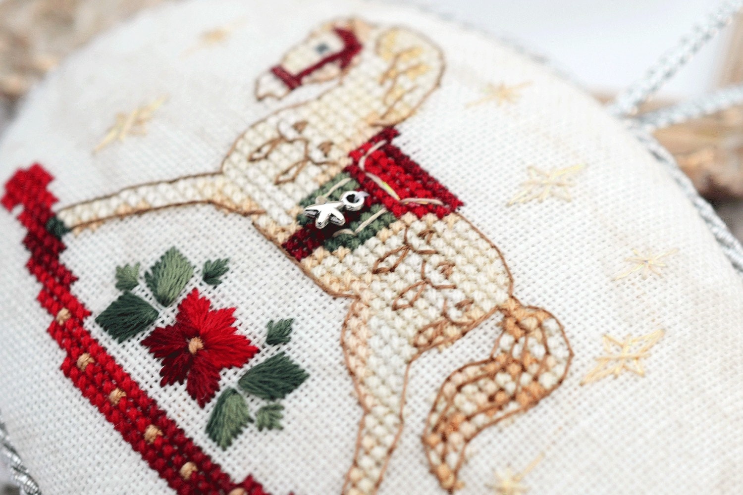 Cross Stitch Kit: Christmas Horse Ornament, Bead, Decorative Stitches, German Linen