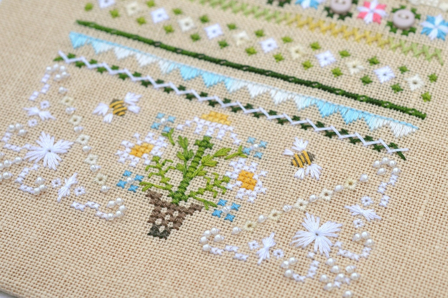Chamomile Cross Stitch Kit, Floral Sampler: Hand-Dyed Threads, German Linen