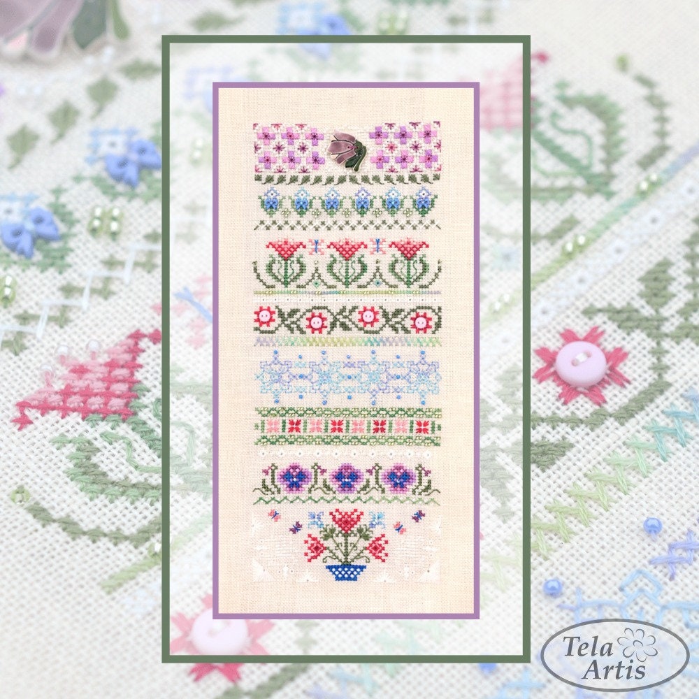 Spring Stitches Cross Stitch Sampler Kit: Floral Sampler, Hand-Dyed Threads, German Linen