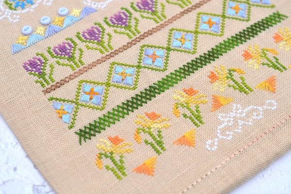 First Flowers Spring SamplerCross Stitch Kit: Hand-Dyed Threads, German Linen