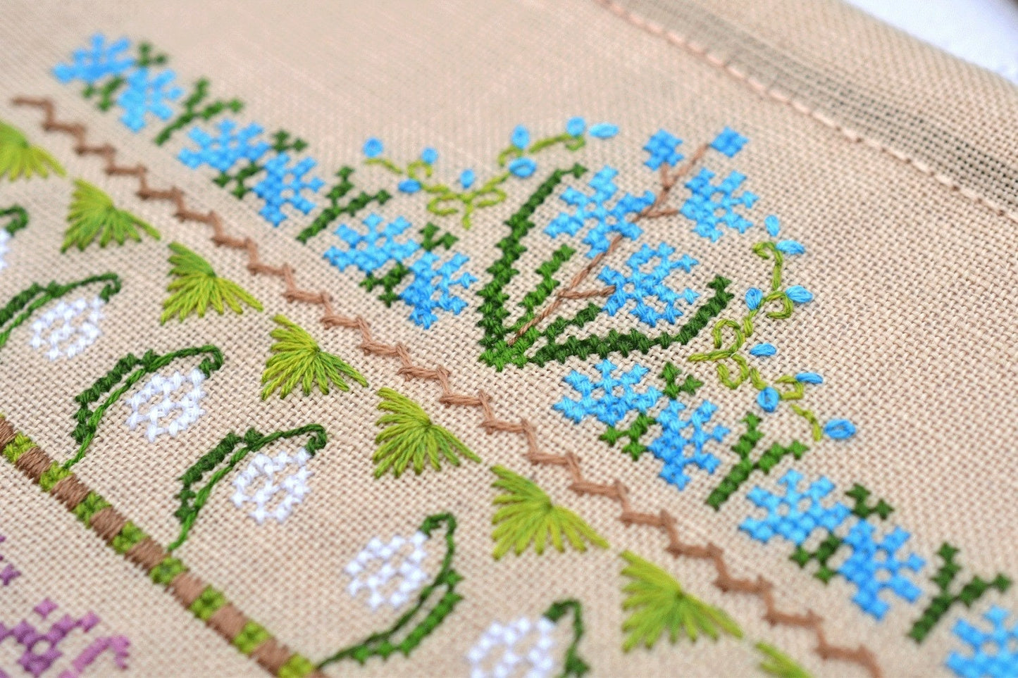 First Flowers Spring SamplerCross Stitch Kit: Hand-Dyed Threads, German Linen