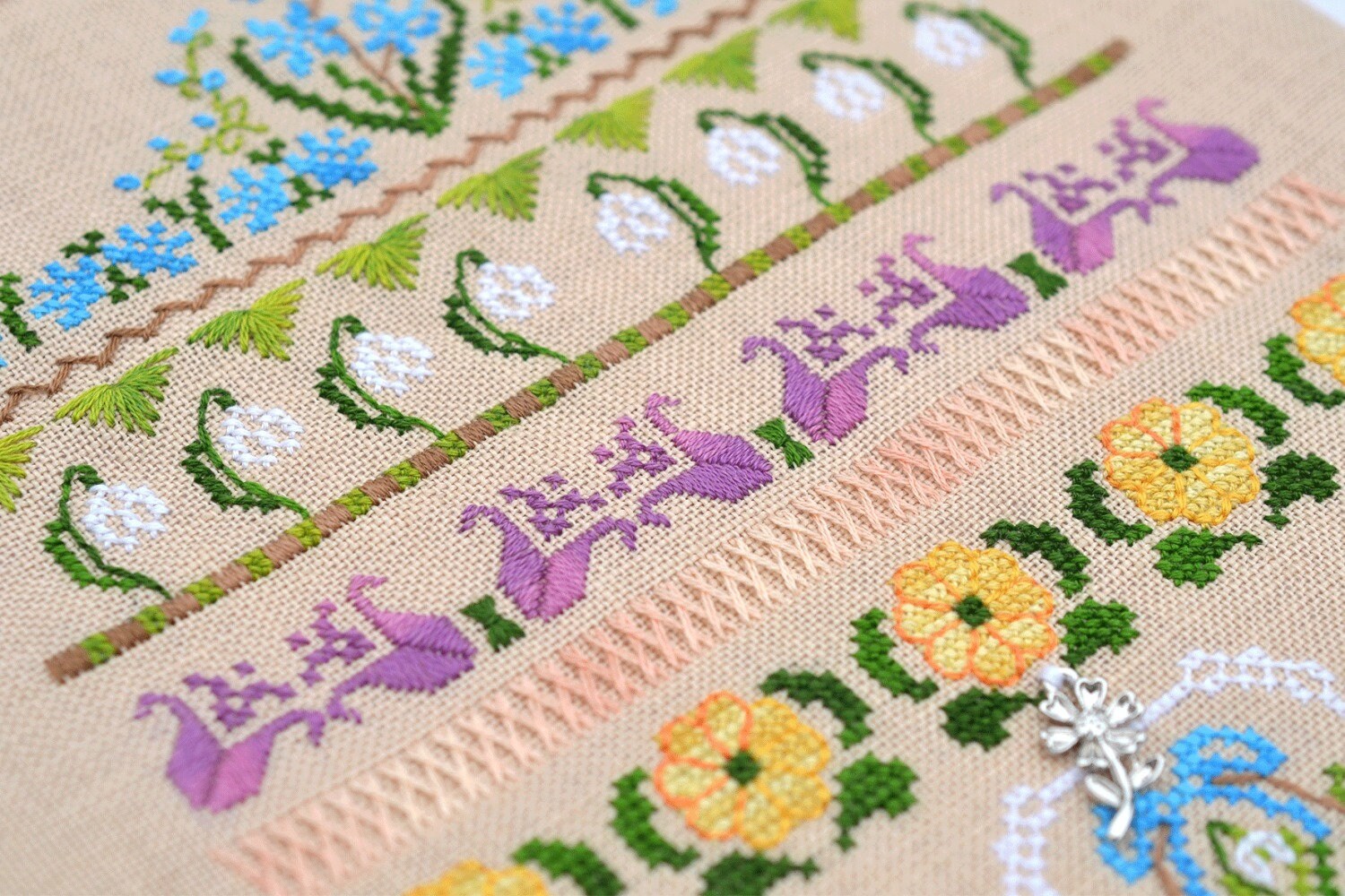 First Flowers Spring SamplerCross Stitch Kit: Hand-Dyed Threads, German Linen