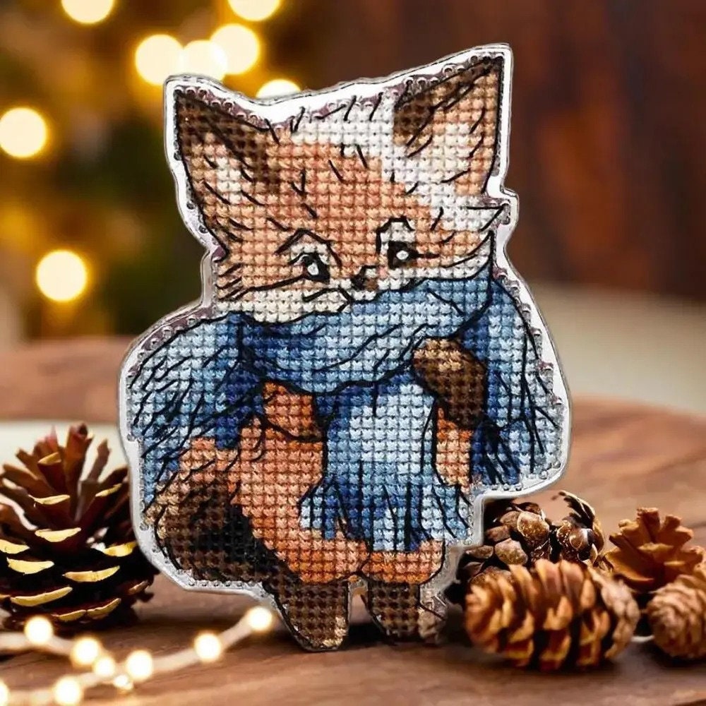 Fox Cross Stitch Kit: Winter Ornament DIY on Perforated Plastic
