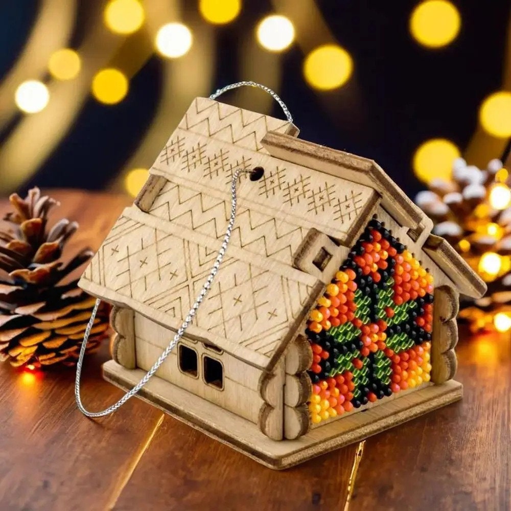 Bead Embroidery Kit on Wood: Fall House DIY Craft (LK-557)