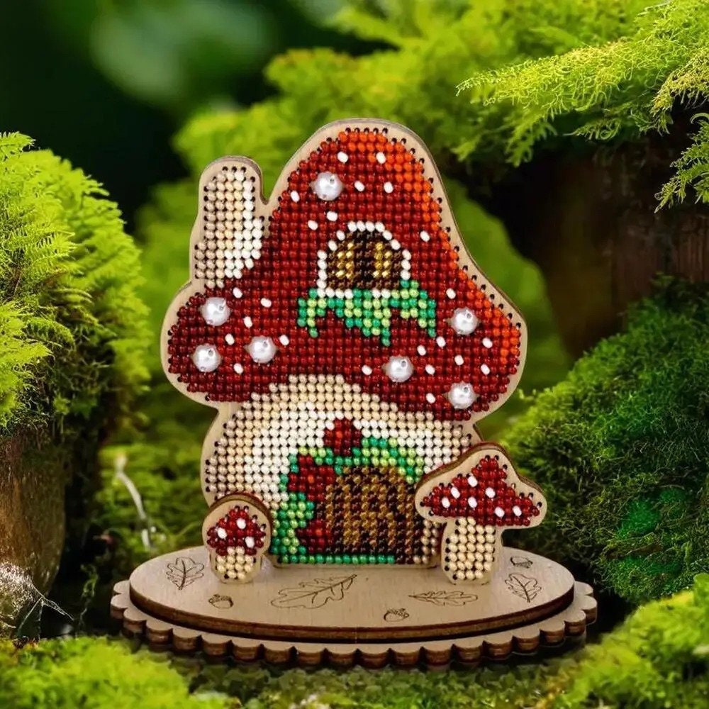 Mushroom House Bead Embroidery Kit on Wood (4"x 4")