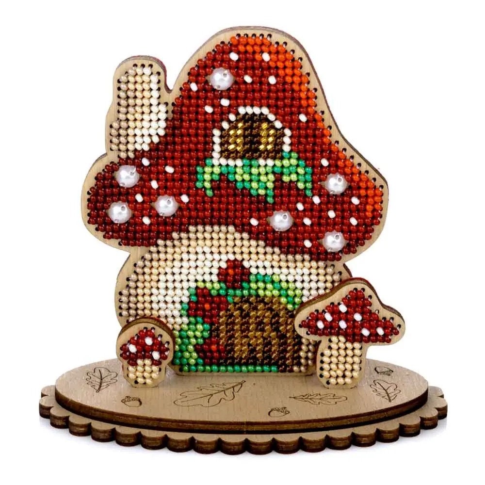 Mushroom House Bead Embroidery Kit on Wood (4"x 4")