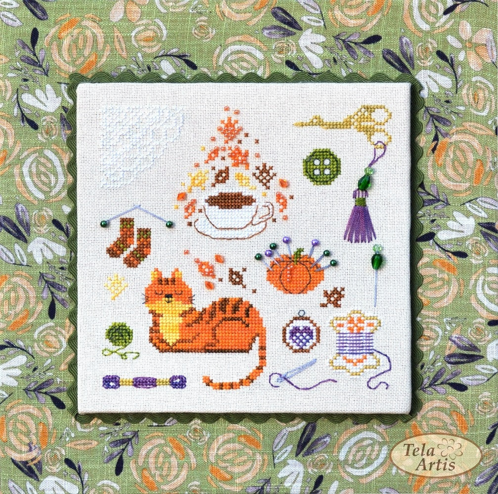 Autumn Sampler Cross Stitch Kit: Cat, Tea,Amber Handicrafts