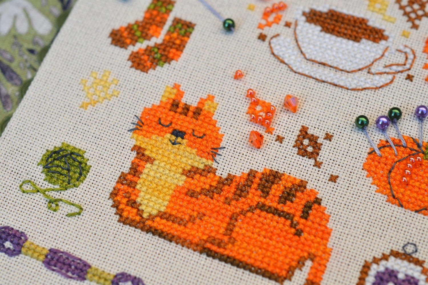 Autumn Sampler Cross Stitch Kit: Cat, Tea,Amber Handicrafts