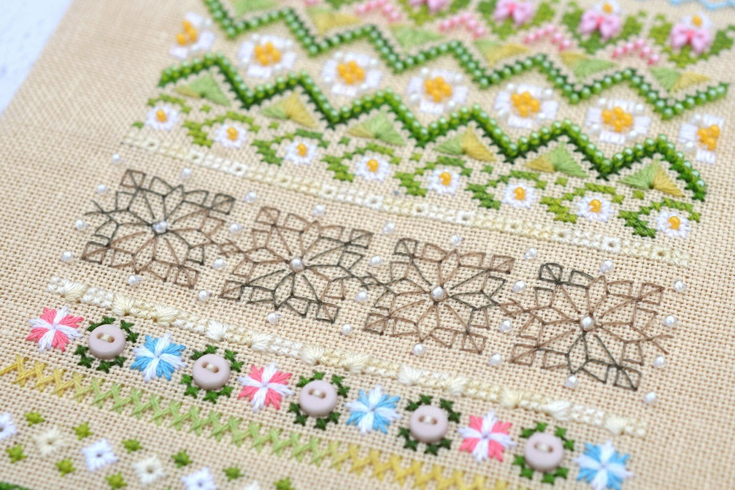 Chamomile Cross Stitch Kit, Floral Sampler: Hand-Dyed Threads, German Linen