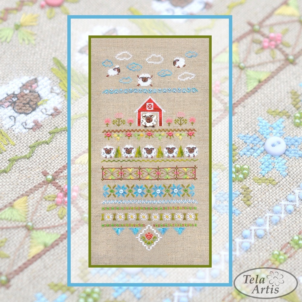 Fun Farm Sheep Cross Stitch Kit, Spring Sampler: Hand-Dyed floss, Linen canvas