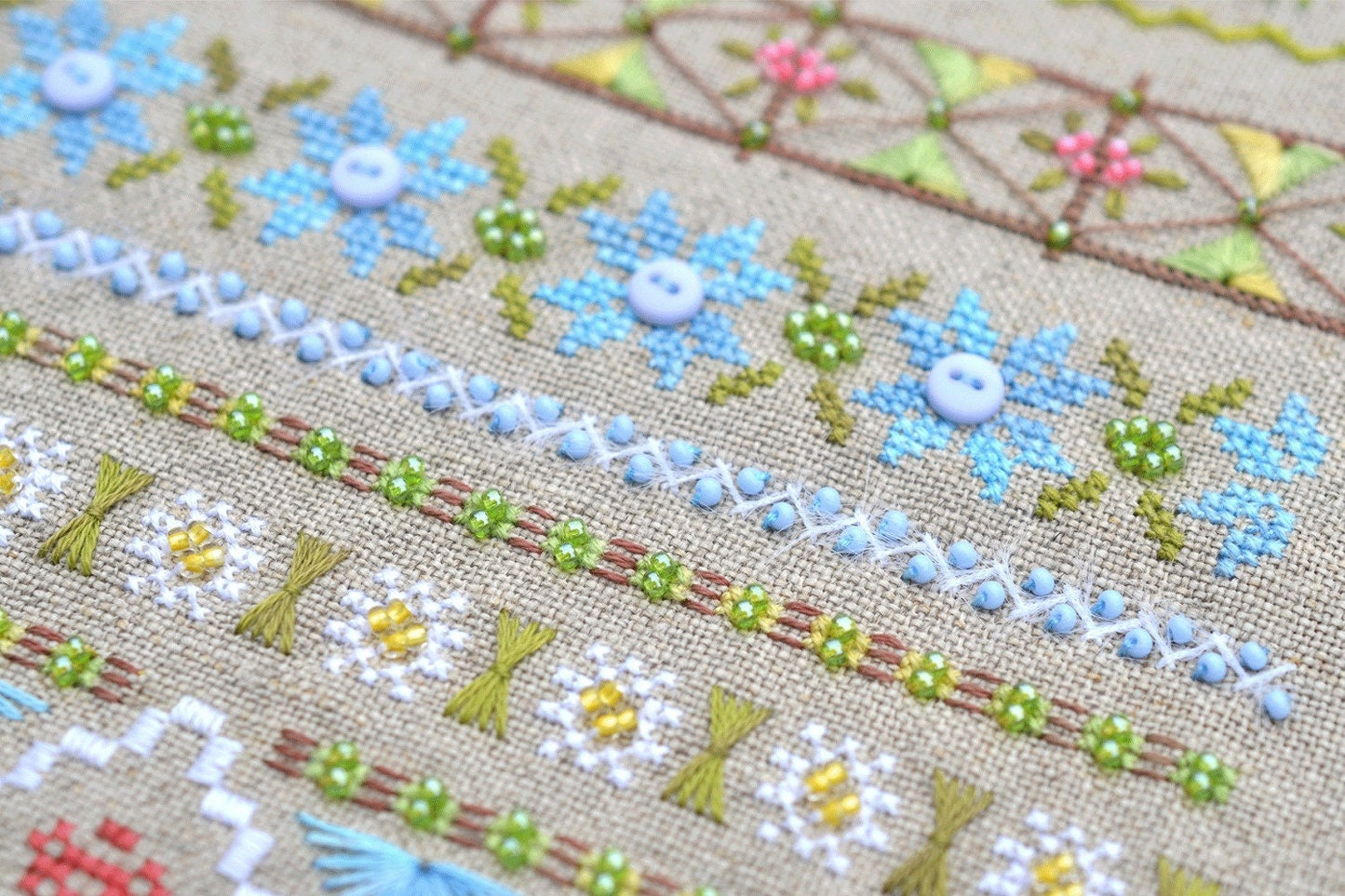 Fun Farm Sheep Cross Stitch Kit, Spring Sampler: Hand-Dyed floss, Linen canvas