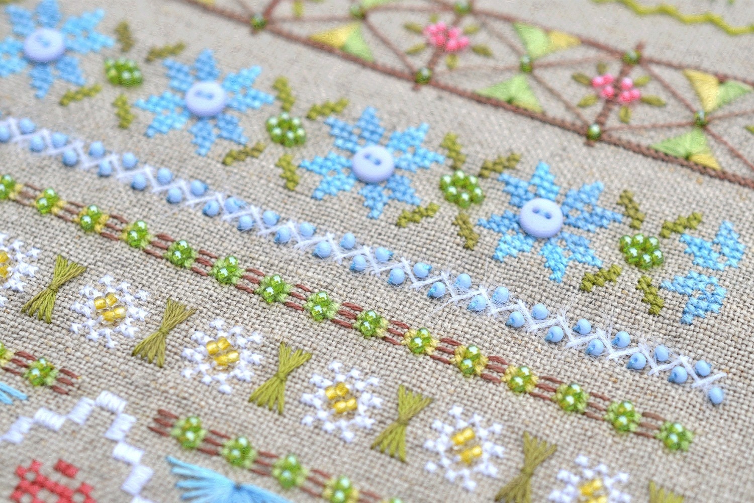 Fun Farm Sheep Cross Stitch Kit, Spring Sampler: Hand-Dyed floss, Linen canvas