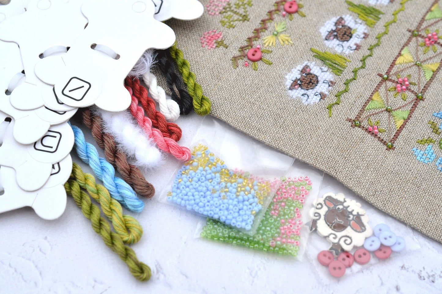 Fun Farm Sheep Cross Stitch Kit, Spring Sampler: Hand-Dyed floss, Linen canvas
