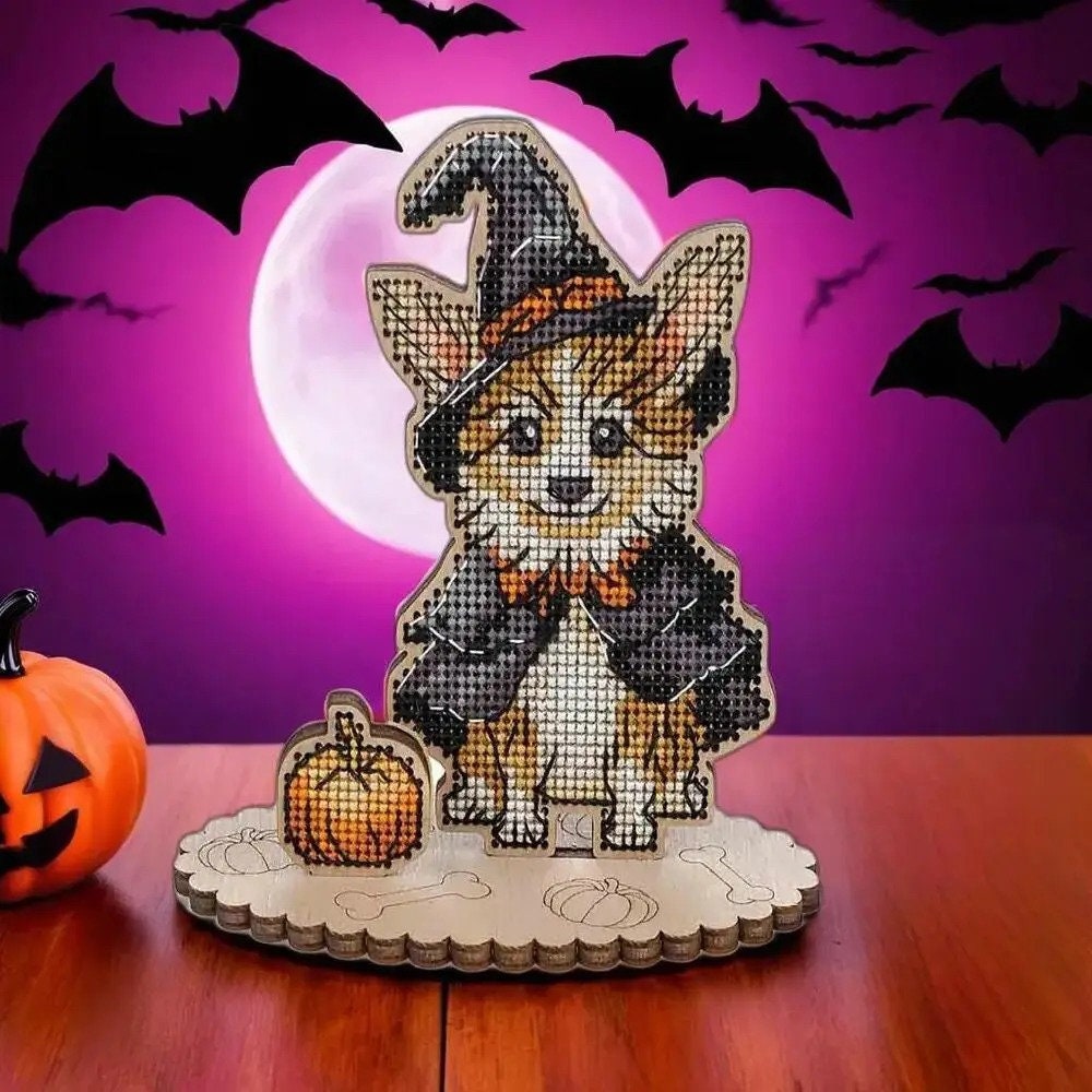 Halloween Corgi Cross Stitch Kit: 3D Witch Puppy Ornament LW-050