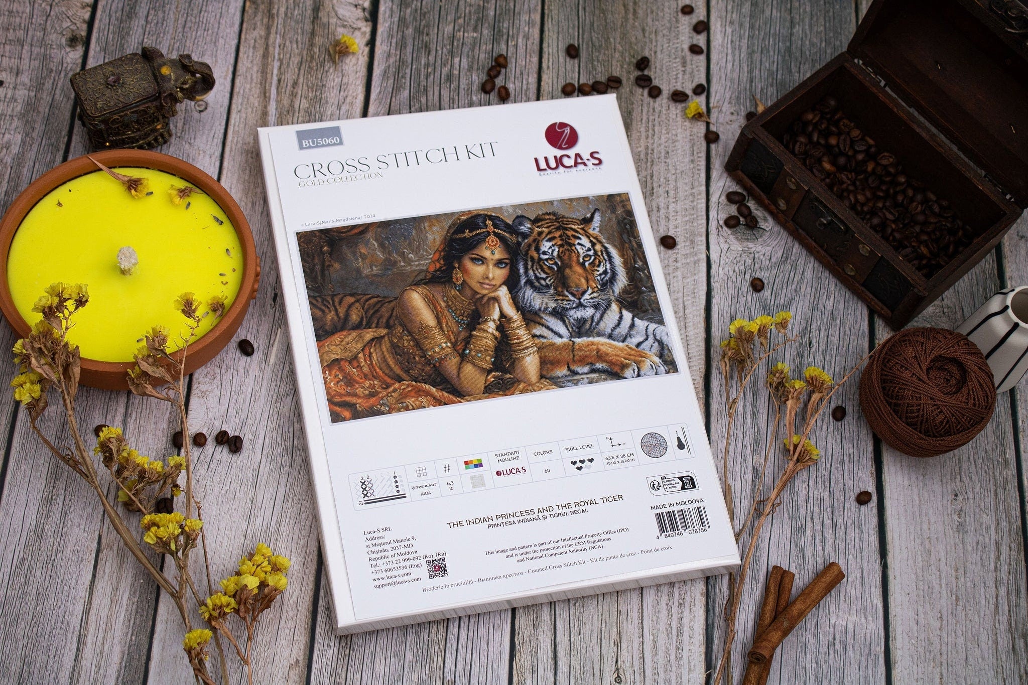 Luca-S Gold Counted Cross Stitch Kit, The Indian Princess and The Royal Tiger- DIY Kit, BU5060
