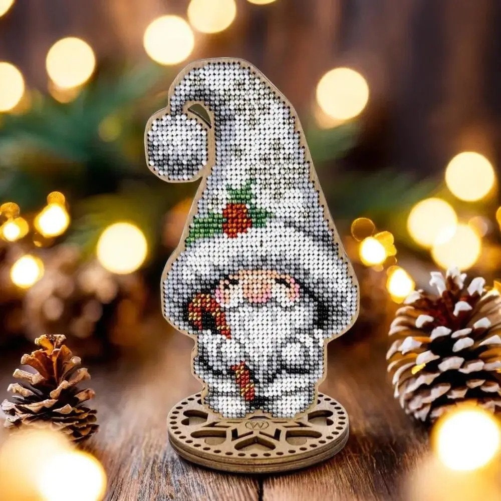 Gnome Bead Embroidery Kit on Wood:  big white Hat, DIY Craft (3.5"x5.9")