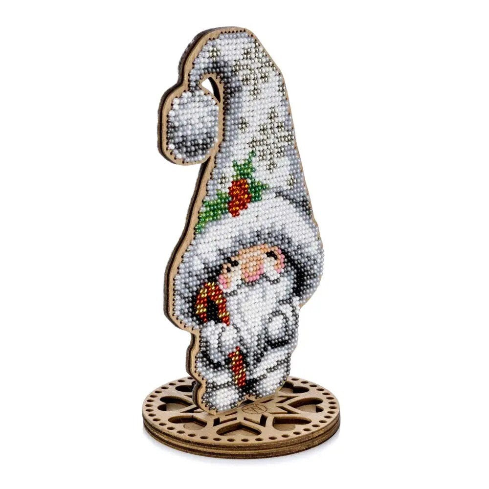 Gnome Bead Embroidery Kit on Wood:  big white Hat, DIY Craft (3.5"x5.9")