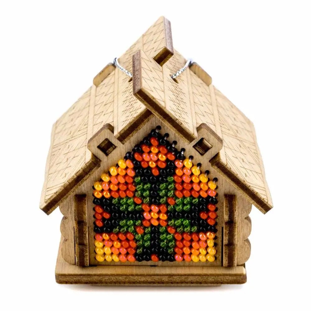 Bead Embroidery Kit on Wood: Fall House DIY Craft (LK-557)
