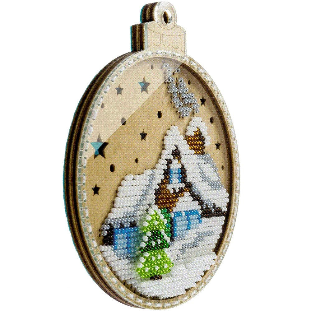 Bead Embroidery Kit on Wood, Snow House, LK-366 ( beads , thread, needle, plywood base included)