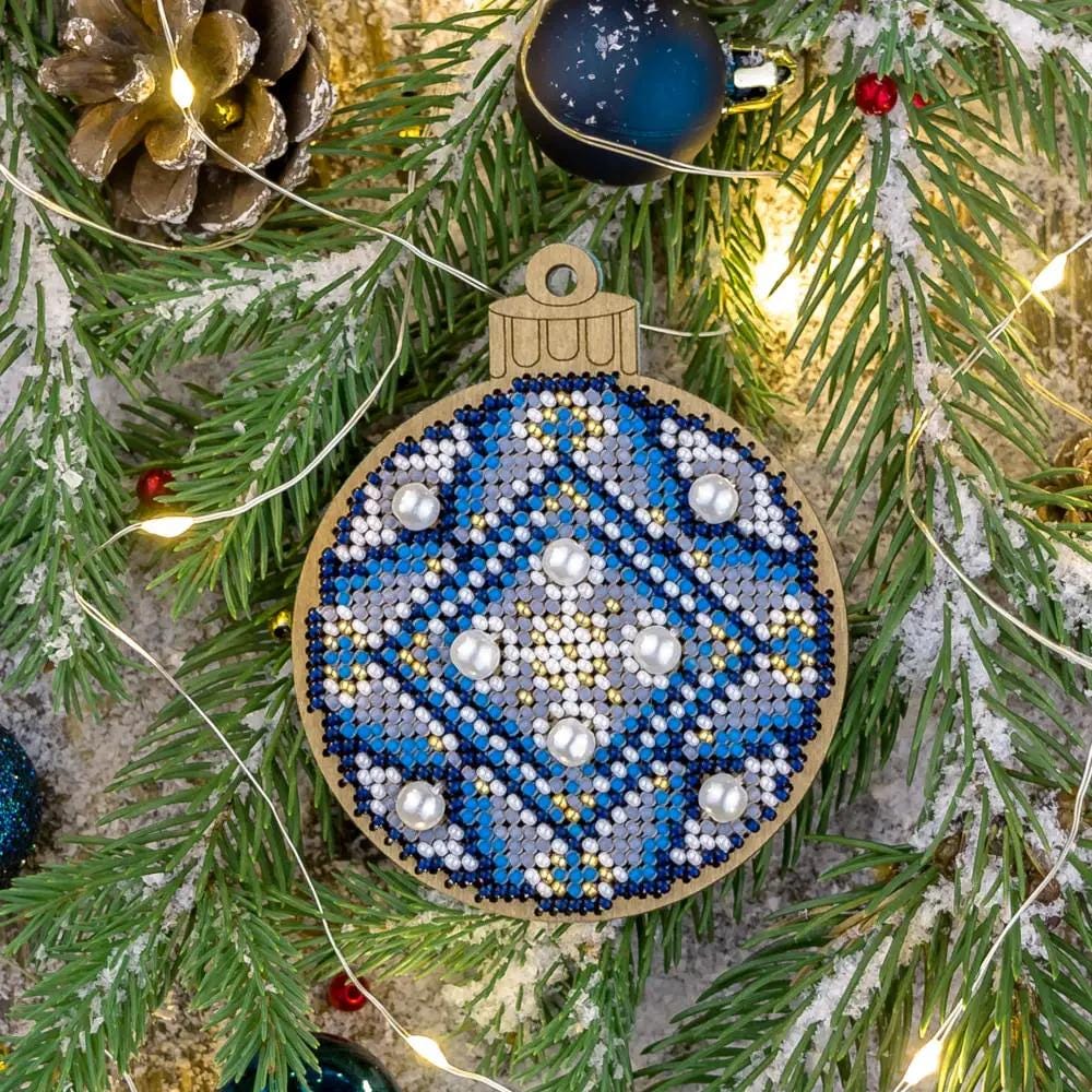 Bead Embroidery Kit on Wood, Blue ornament, LK-311 ( beads , thread, needle, plywood base included)