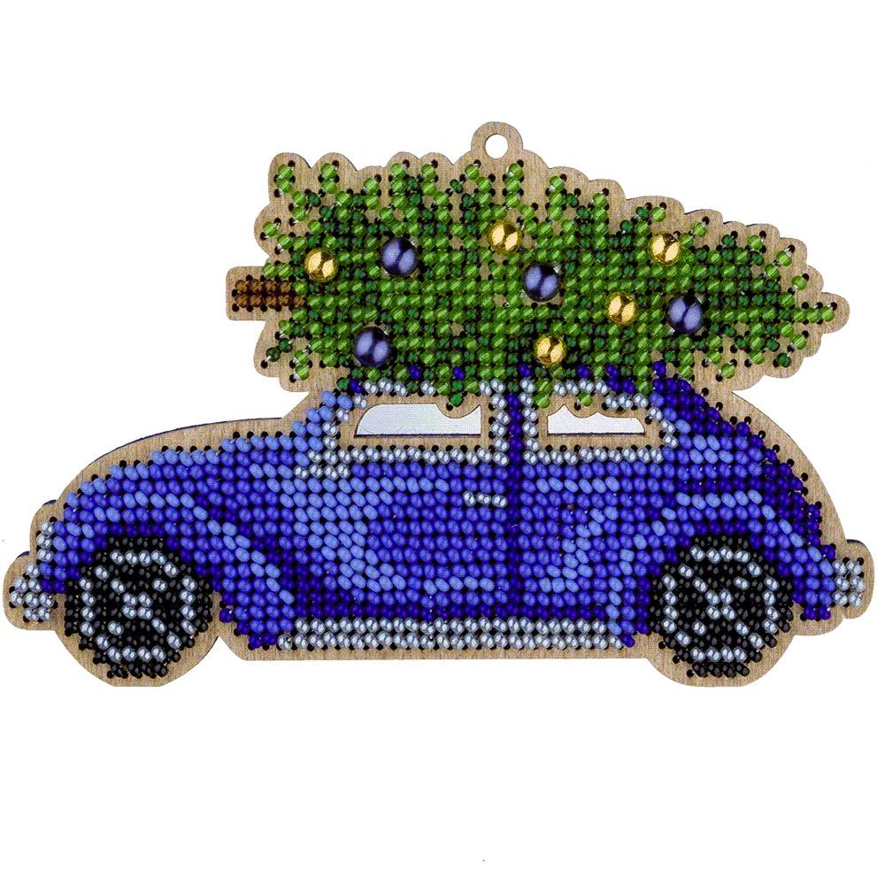 Blue Tree Car Bead Embroidery Kit on Wood (3.1x4.9")