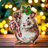 Christmas Cross Stitch Kit on Wood – Holiday Guinea Pig with Candy Cane – DIY Ornament with Beads – LW-056
