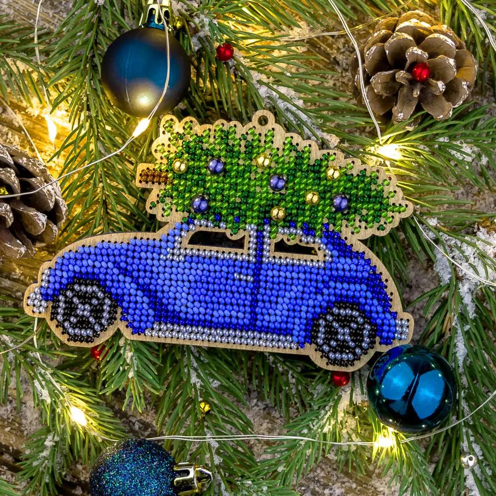 Blue Tree Car Bead Embroidery Kit on Wood (3.1x4.9")